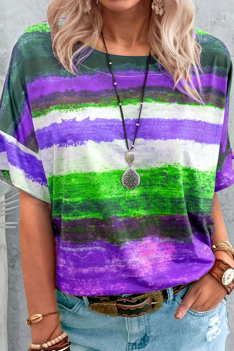 Casual Gradual Change Patchwork O Neck T-Shirts(7 Colors) - Panekey