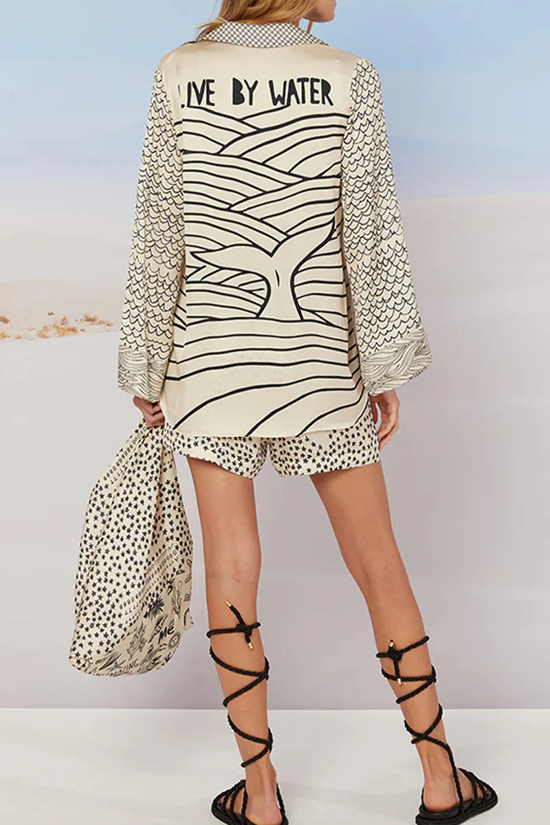 Casual Graffiti Print Tassel Contrast V Neck Long Sleeve Two Pieces - Panekey