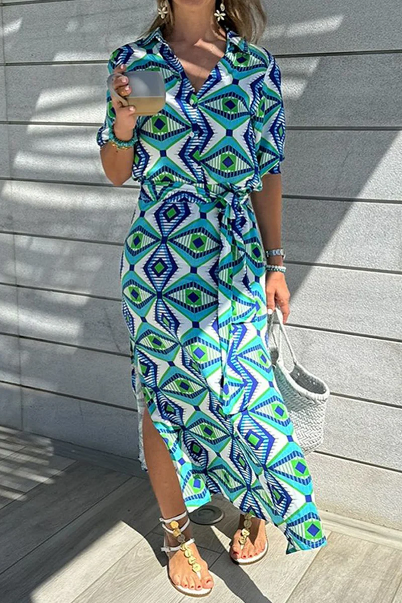 Casual Geometric Print Lace Up Slit Contrast Turndown Collar Shirt Dresses - Panekey