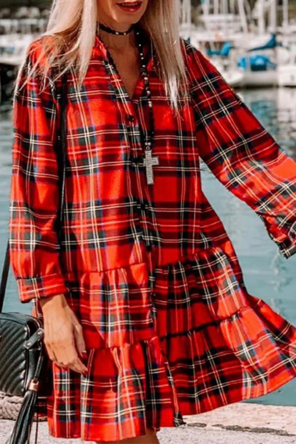 Casual Plaid Buckle Flounce Cake Skirt Dresses - Panekey