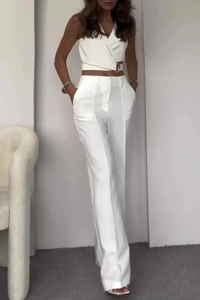 Casual British Style Solid Buttons V Neck Sleeveless Two Pieces - Panekey