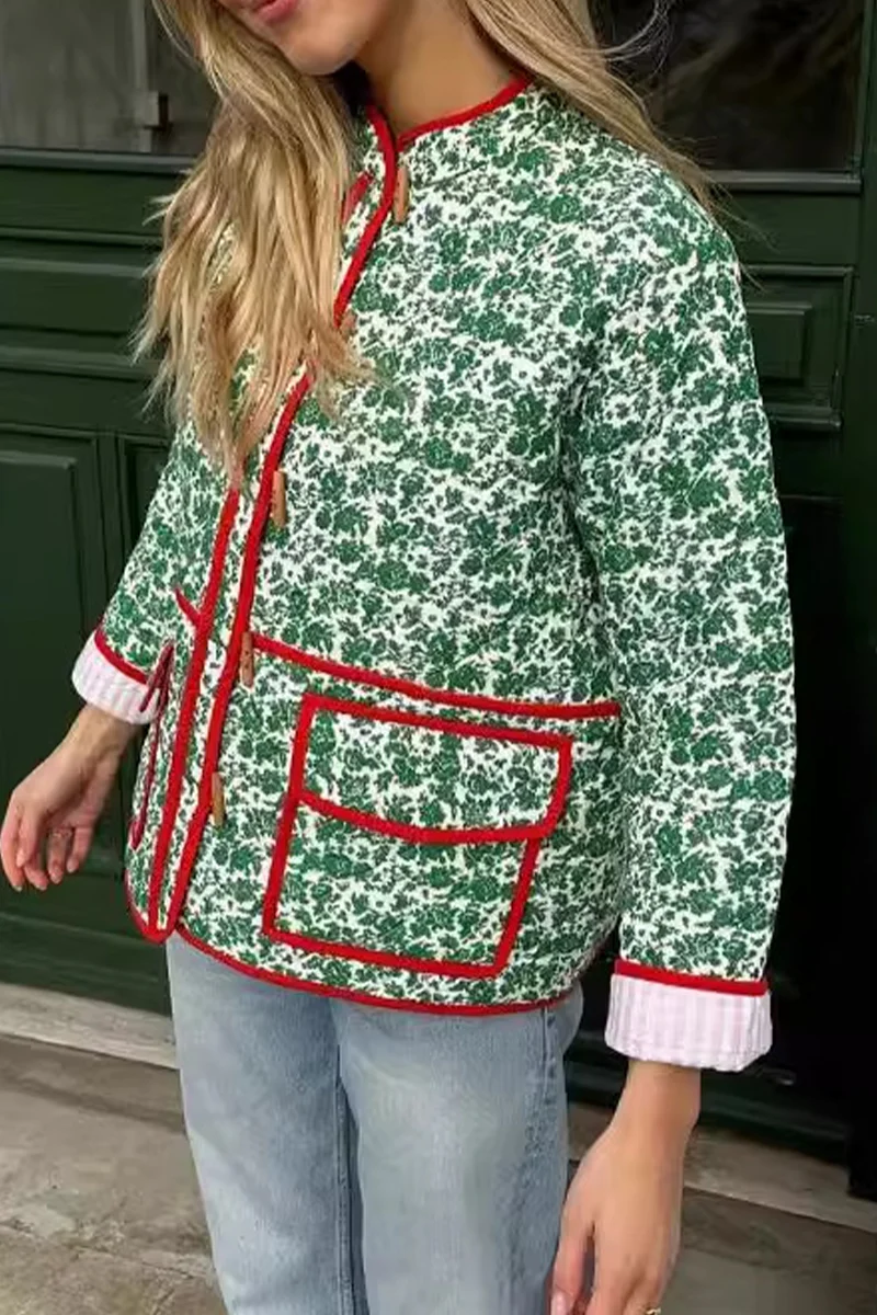 Casual Flowers Print Pocket Patchwork Contrast O Neck Outerwear - Panekey