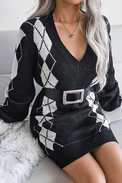 Casual Geometric Split Joint  Contrast V Neck Dresses  Sweater (Without Belt) - Panekey
