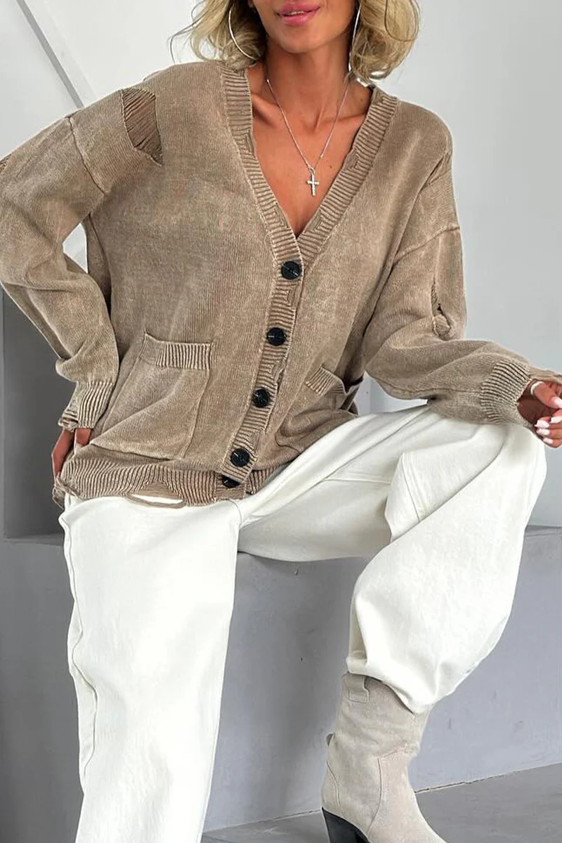Casual Daily Solid Color Ripped Distressed Pocket Buttons V Neck Outerwear(3 Colors) - Panekey