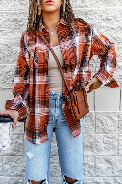 Casual Plaid Patchwork Buckle Turndown Collar Blouses - Panekey