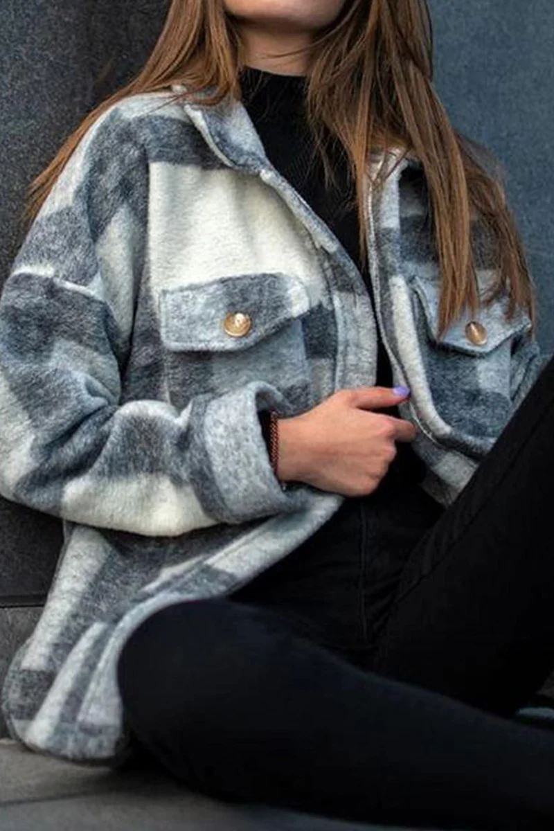 Casual Plaid Pocket Buckle Turndown Collar Outerwear - Panekey