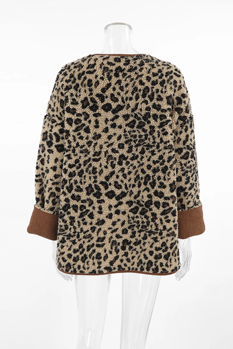 Casual Leopard Pocket Buttons Patchwork O Neck Outerwear - Panekey