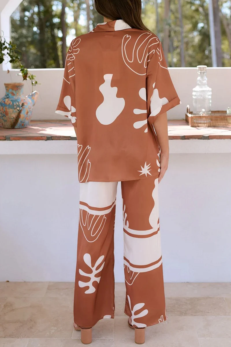 Casual Daily Geometric Print Buttons Turndown Collar Short Sleeve Two Pieces - Panekey