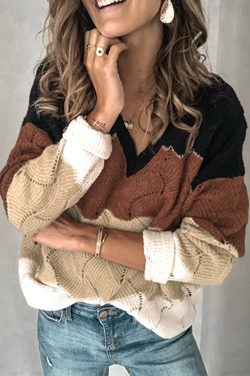 Casual Patchwork Contrast V Neck Tops Sweater - Panekey