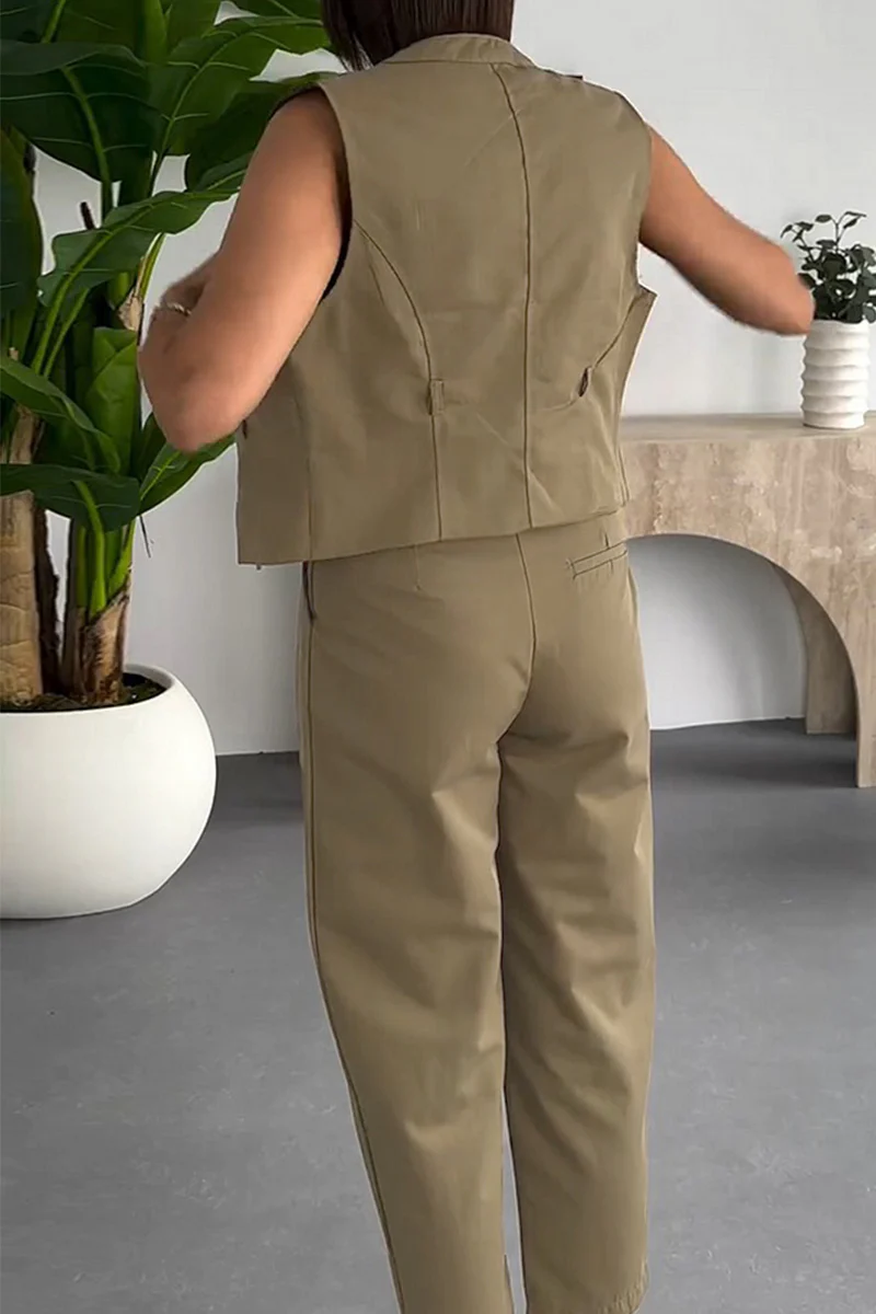 Casual Daily Solid Color Without Belt Zipper Mandarin Collar Sleeveless Two Pieces - Panekey