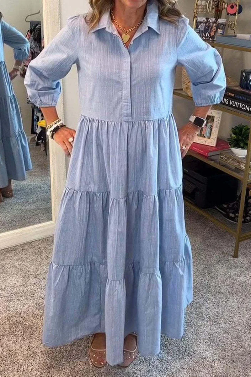 Casual Buttons Ruffle Turndown Collar A Line Dresses(6 Colors) - Panekey