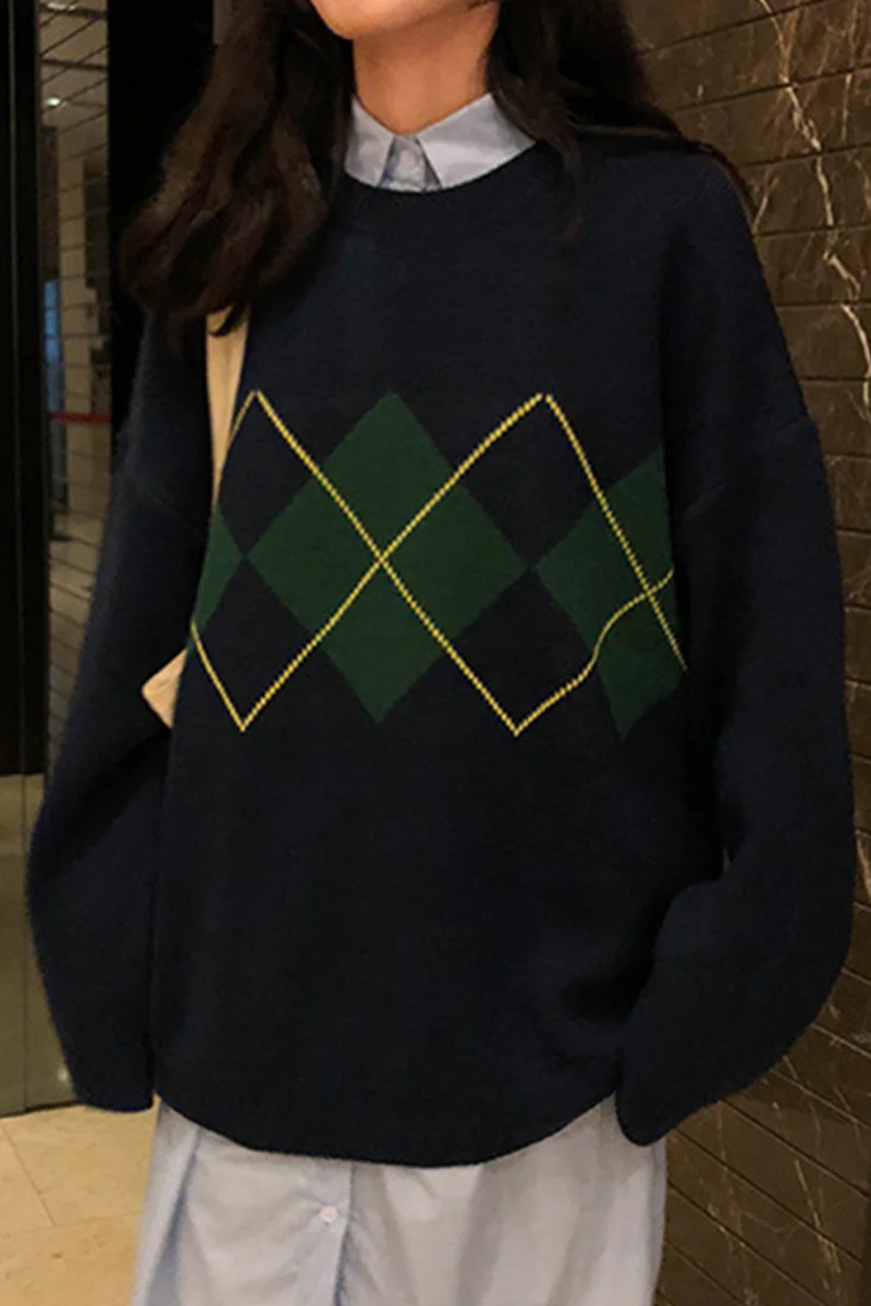 Casual Geometric Patchwork Contrast O Neck Tops Sweater(3 Colors) - Panekey