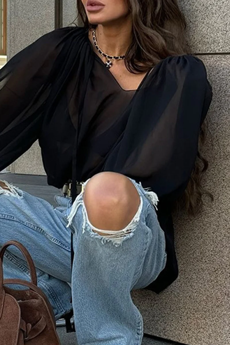 Casual Lace Up See-Through V Neck Blouses - Panekey
