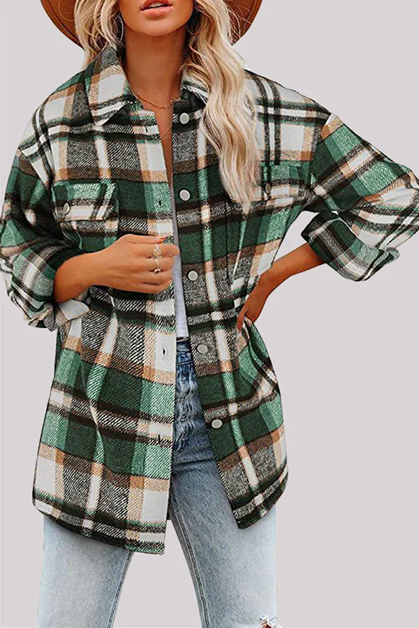 Casual Plaid Pocket Buckle Turndown Collar Outerwear(8 Colors) - Panekey