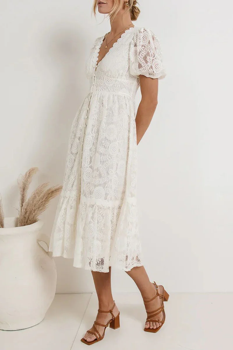 Casual Daily Solid Color Lace Buttons V Neck A Line Dresses(4 Colors) - Panekey