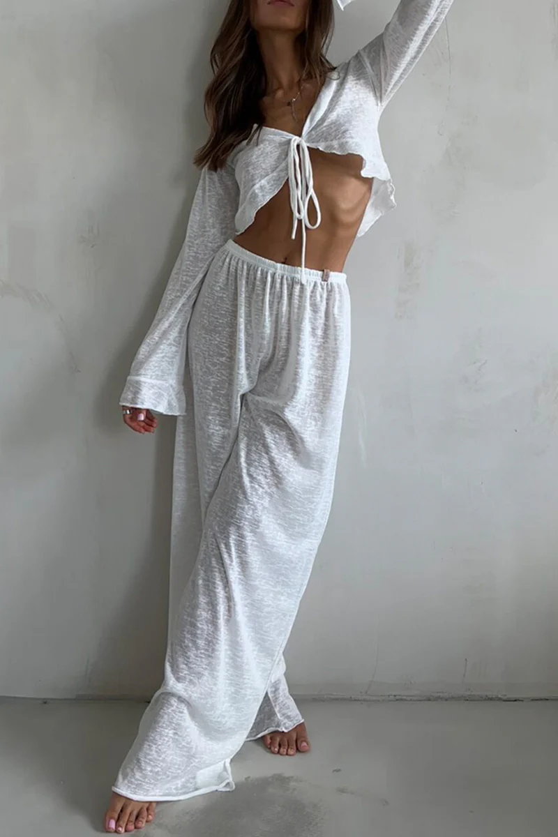 Casual Lace Up Ruffle V Neck Long Sleeve Two Pieces - Panekey