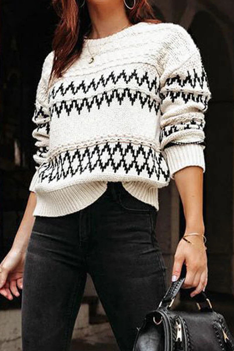 Casual Geometric Weave O Neck Tops - Panekey