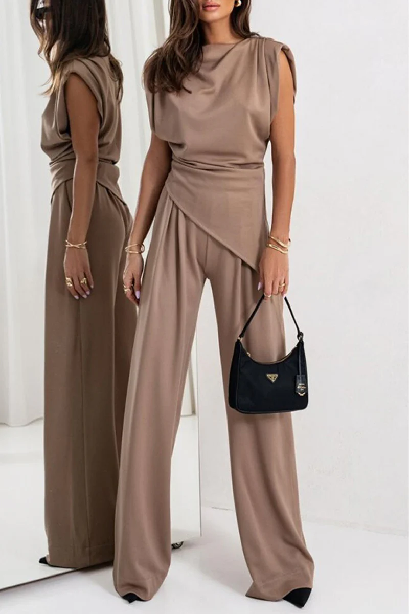 Casual Pocket Ruched O Neck Sleeveless Two Pieces(4 Colors) - Panekey