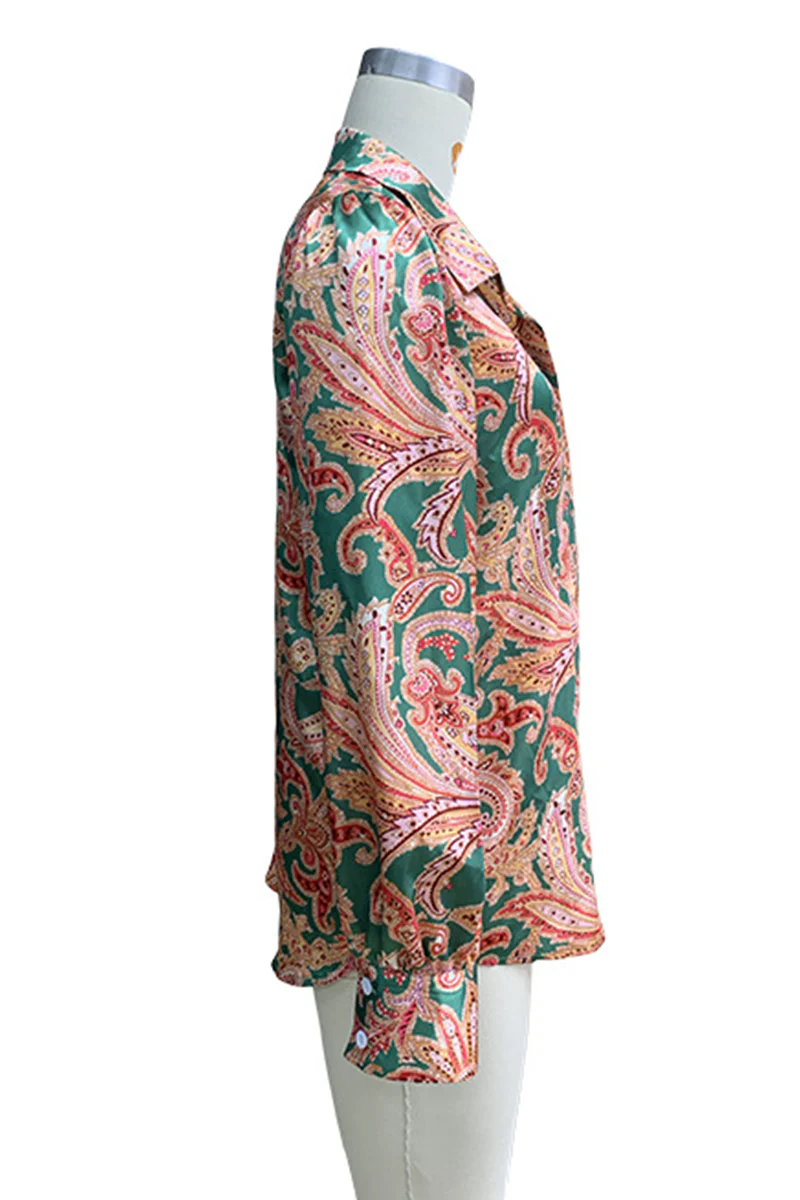 Casual Floral Print Contrast Turndown Collar Blouses - Panekey