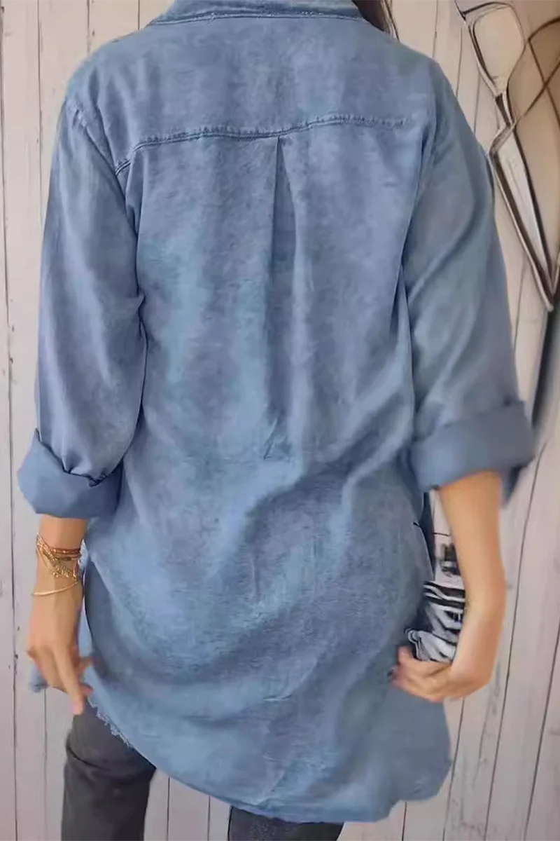 Casual Distressed Buttons Turndown Collar Blouses(4 Colors) - Panekey