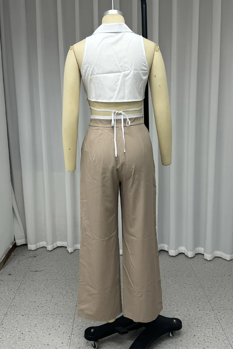 Casual Lace Up Buttons Turndown Collar Sleeveless Two Pieces - Panekey