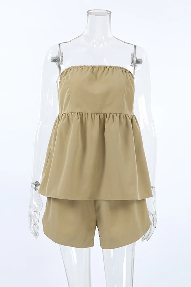 Casual Daily Solid Color Ruched Strapless Sleeveless Two Pieces - Panekey