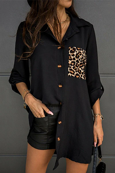 Casual Leopard Split Joint Buckle Turndown Collar Tops - Panekey