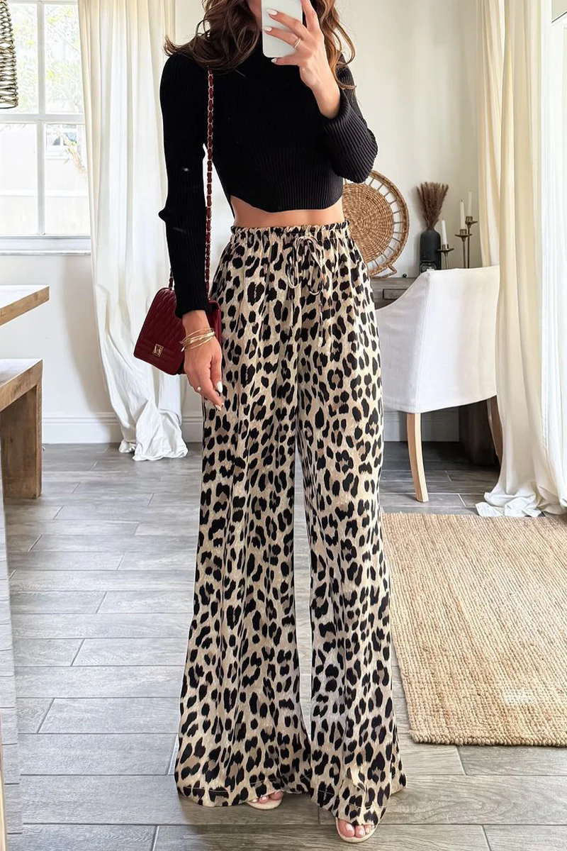 Casual Leopard Pocket Lace Up Loose High Waist Wide Leg Full Print Bottoms - Panekey