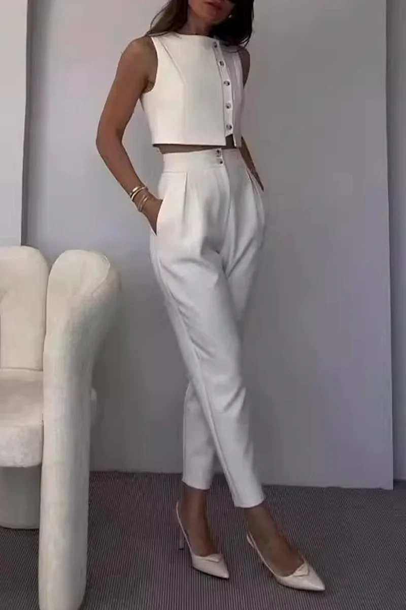 Casual Pocket Buttons O Neck Sleeveless Two Pieces - Panekey