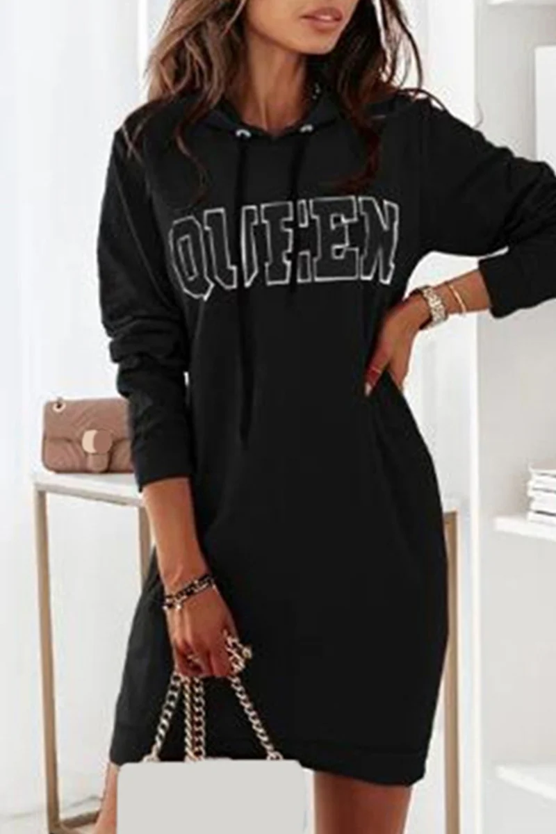 Casual Letter Draw String Hooded Collar Dresses - Panekey
