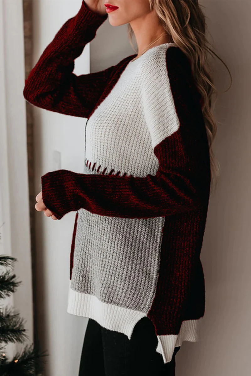 Casual Color Lump Split Joint O Neck Tops - Panekey