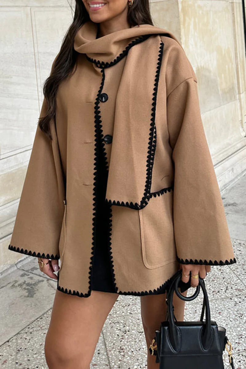 Casual British Style Solid Buttons Contrast Scarf Collar Outerwear - Panekey