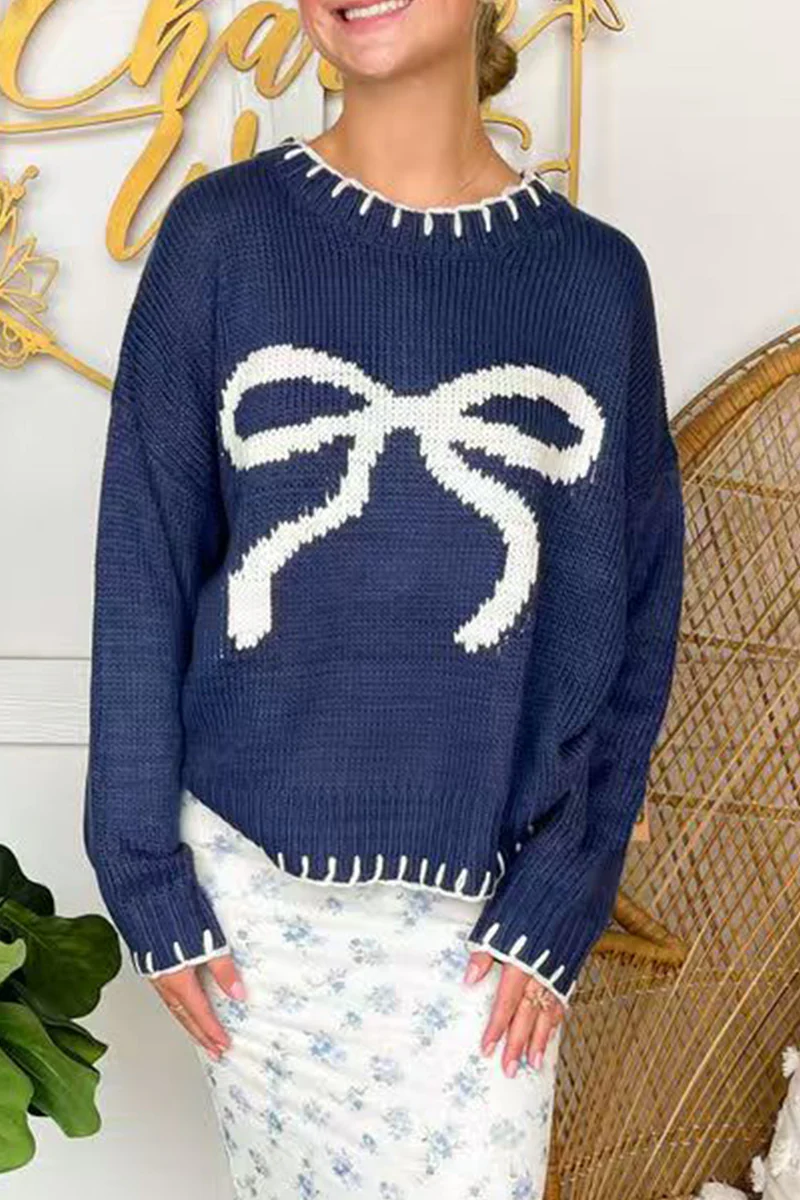 Casual Bow Weave Contrast O Neck Sweaters - Panekey