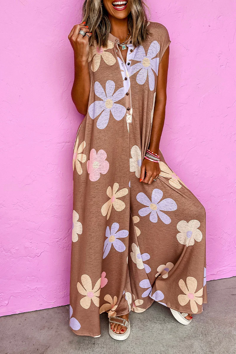 Casual Flowers Buttons O Neck Loose Jumpsuits - Panekey