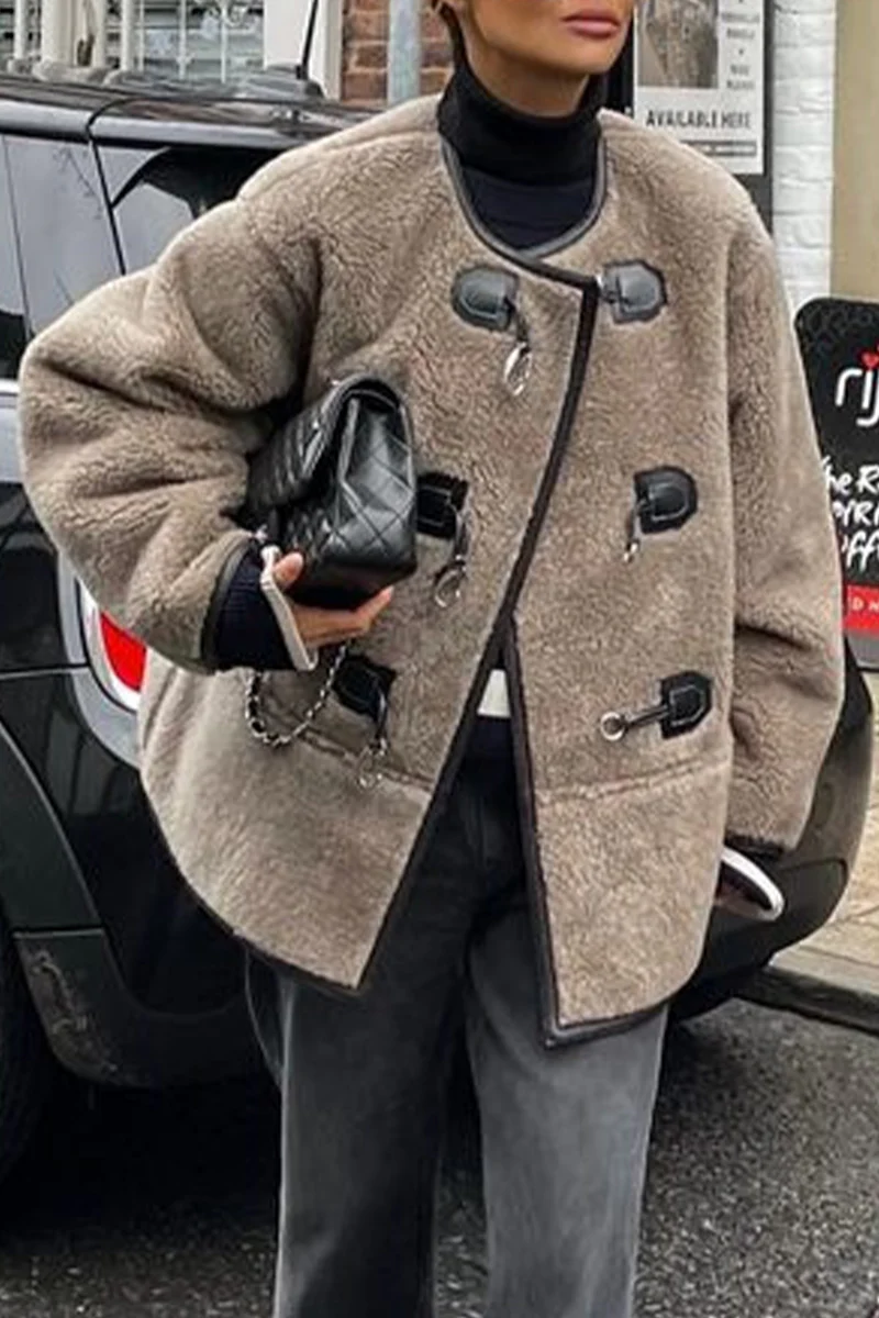 British Style Elegant Solid Buttons U Neck Outerwear - Panekey