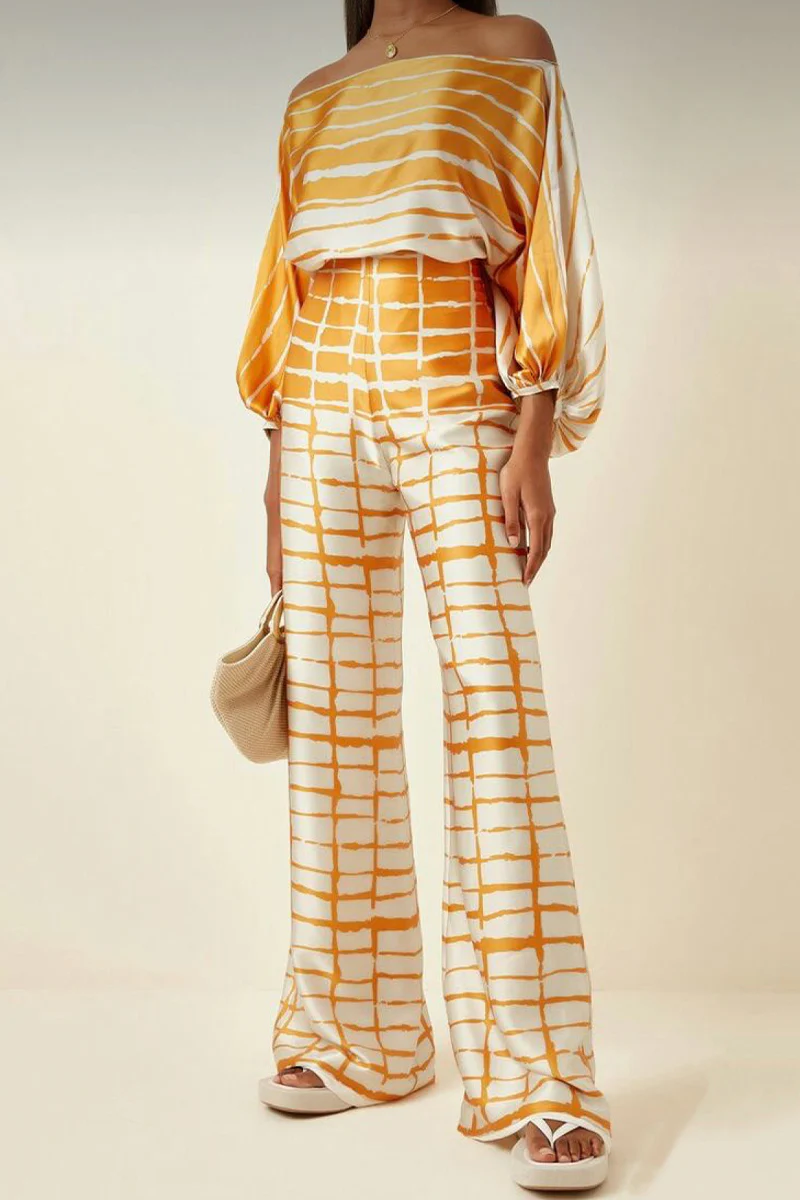 Casual Elegant Print Patchwork Off the Shoulder Long Sleeve Two Pieces(11 Colors) - Panekey