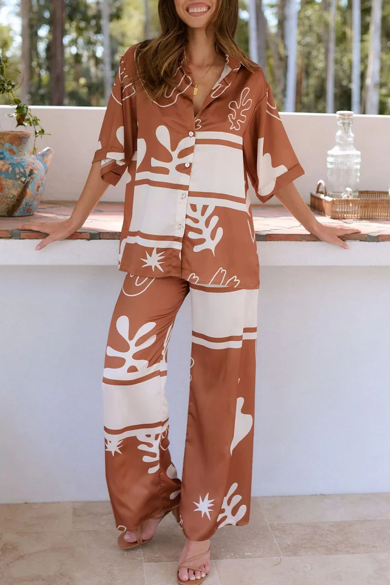 Casual Daily Geometric Print Buttons Turndown Collar Short Sleeve Two Pieces - Panekey