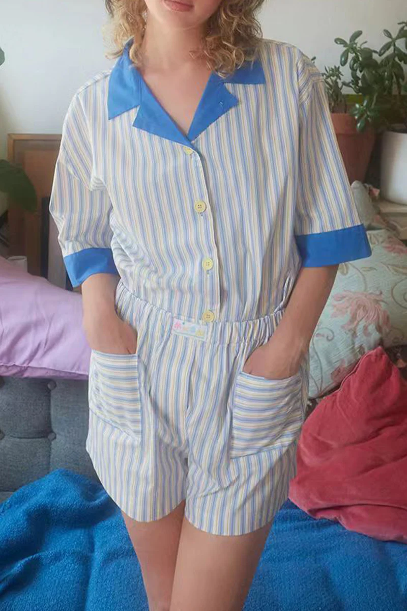 Casual Daily Stripe Patchwork Contrast Turndown Collar Long Sleeve Two Pieces - Panekey