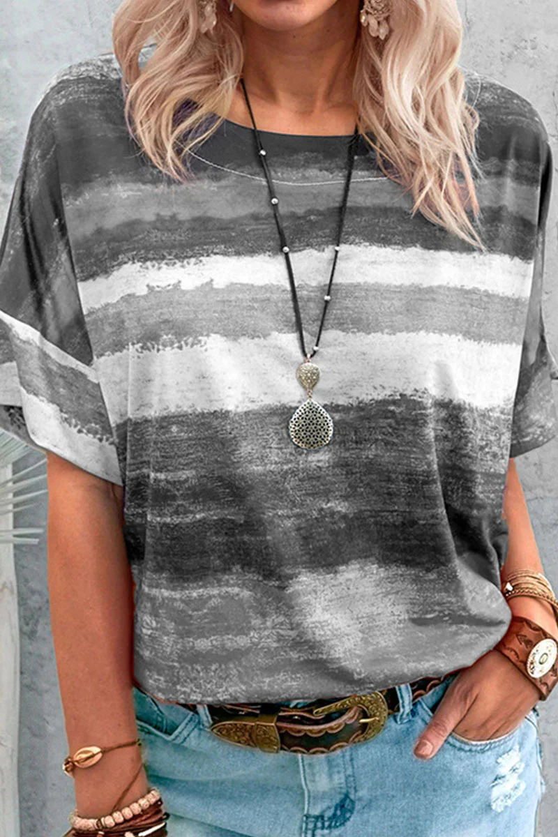 Casual Gradual Change Patchwork O Neck T-Shirts(7 Colors) - Panekey