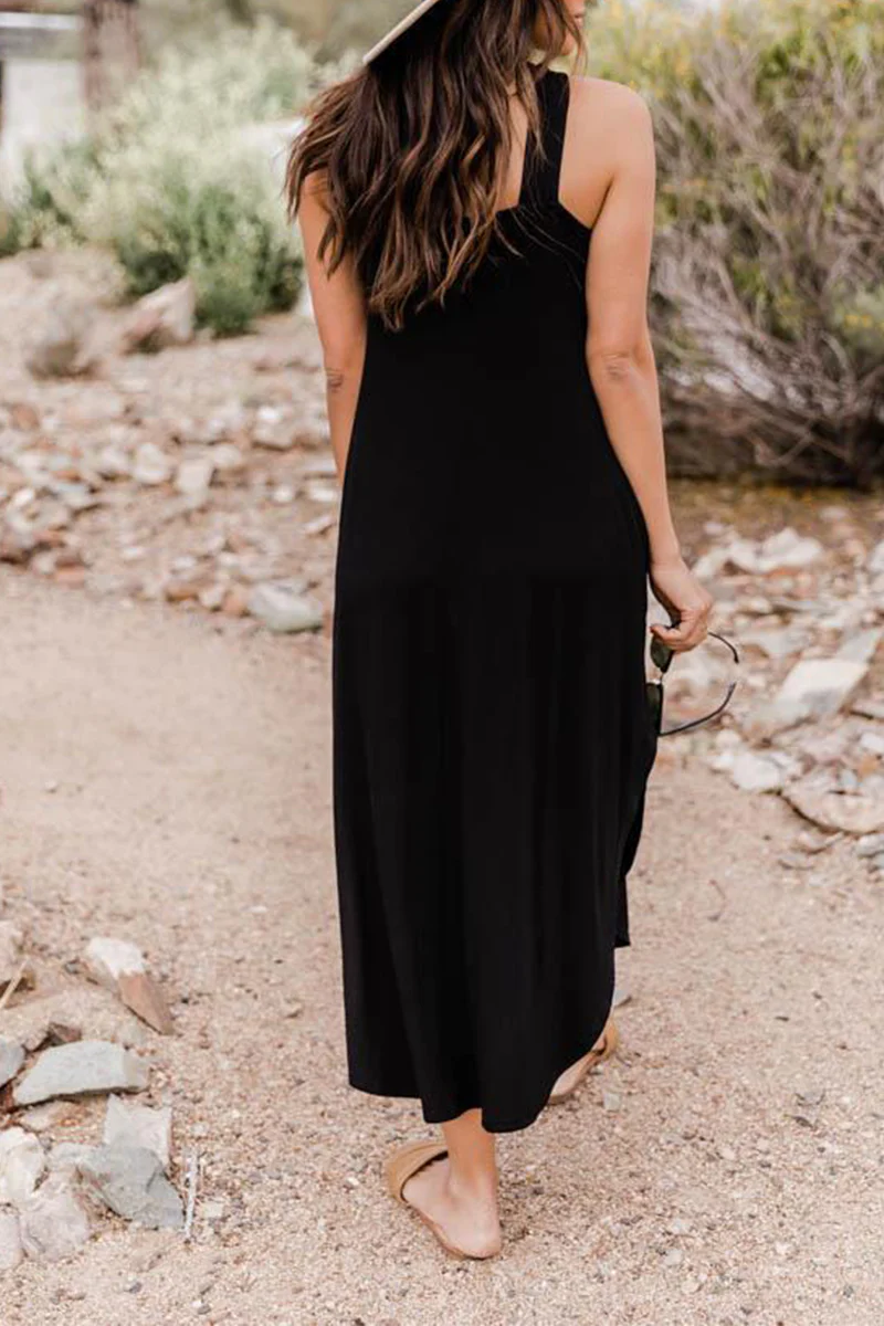 Casual Loose Solid Color Pocket Cross Collar Maxi Dress - Panekey