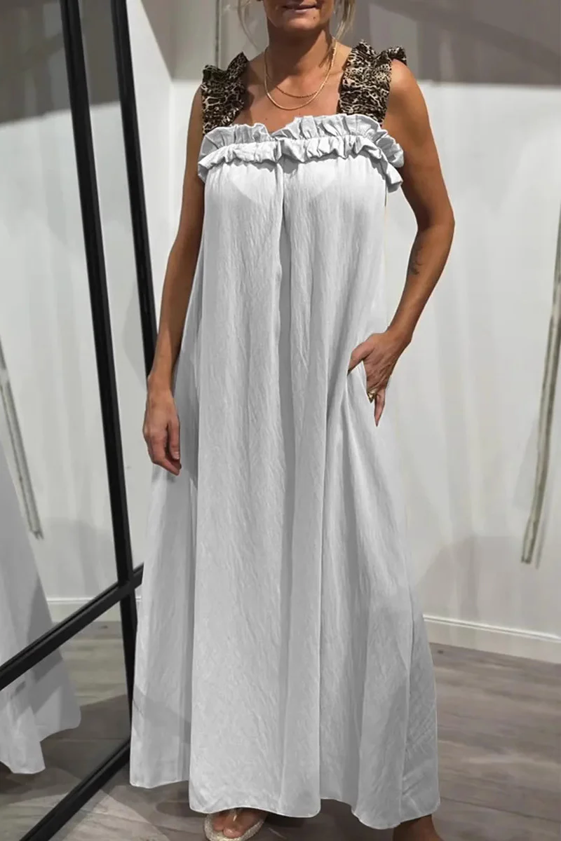 Casual Leopard Pocket Patchwork Flounce Square Neck Long Dresses(8 Colors) - Panekey