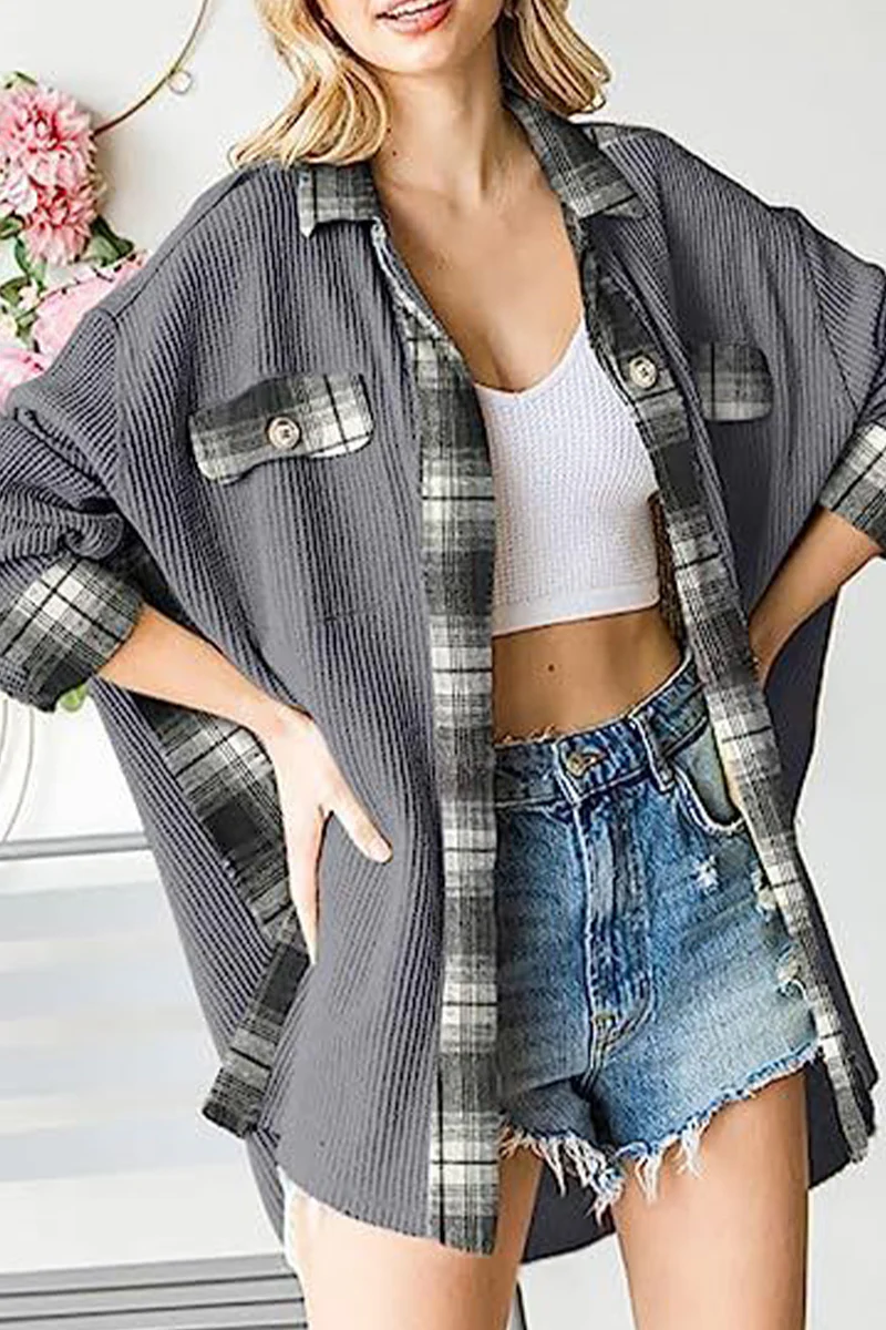 Casual Color Block Pocket Contrast Turndown Collar Tops - Panekey