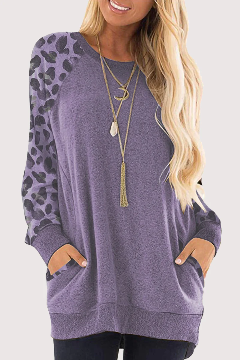 Casual Leopard Split Joint Pocket O Neck Tops - Panekey