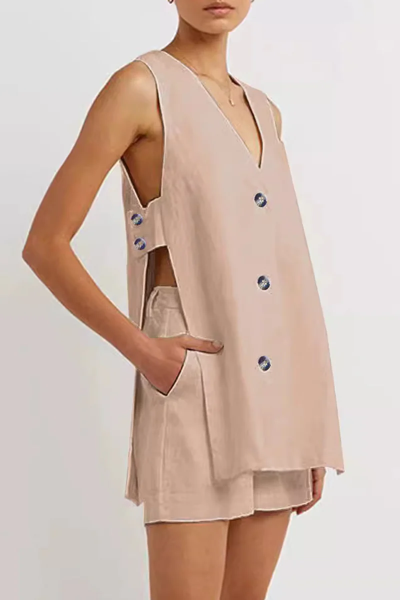 Casual British Style Solid Pocket Buckle V Neck Sleeveless Two Pieces(3 Colors) - Panekey