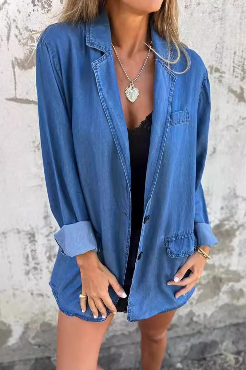 Casual Daily Solid Color Buttons Patchwork Turn-back Collar Long Sleeve Loose Denim Jacket(4 Colors) - Panekey