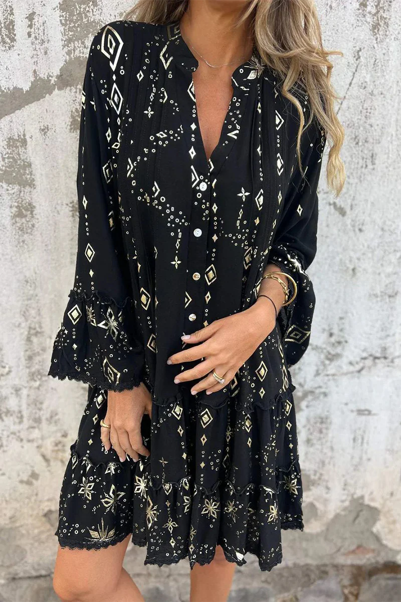 Casual Bronzing Pattern Patchwork Ruffle Contrast Button Collar A Line Dresses - Panekey