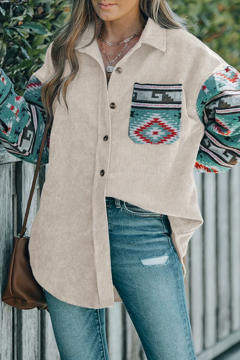 Casual Geometric Print Pocket Patchwork Contrast Turndown Collar Blouses - Panekey