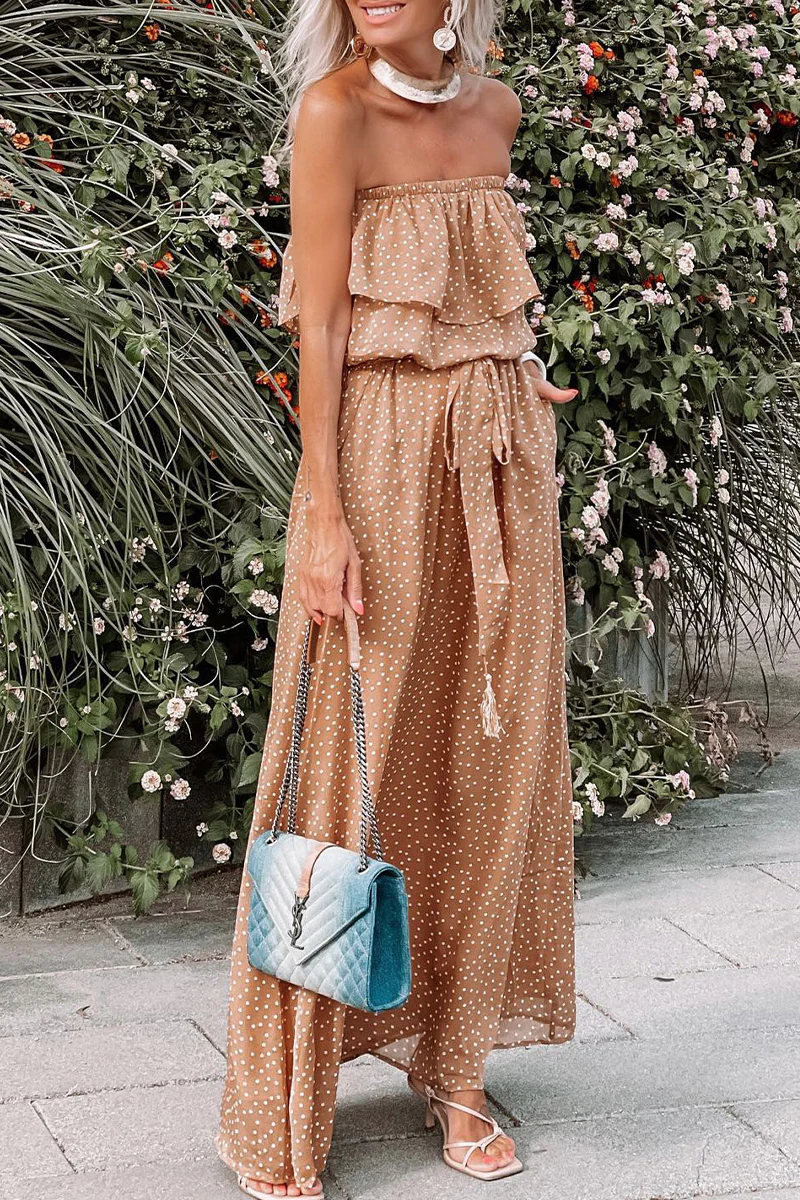 Bohemian Vacation Polka Dot Frenulum Strapless Pleated Dresses - Panekey