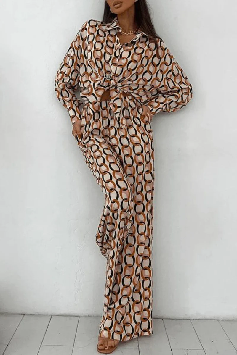 Casual Geometric Print Buttons Turndown Collar Long Sleeve Two Pieces - Panekey