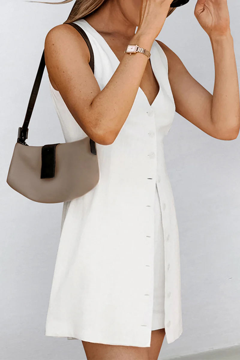 Casual Daily Solid Color Buttons V Neck Sleeveless Two Pieces - Panekey